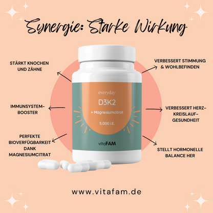 Vitamin D3K2 + Magnesiumcitrat 120 Kapseln | (5.000 i.E.)